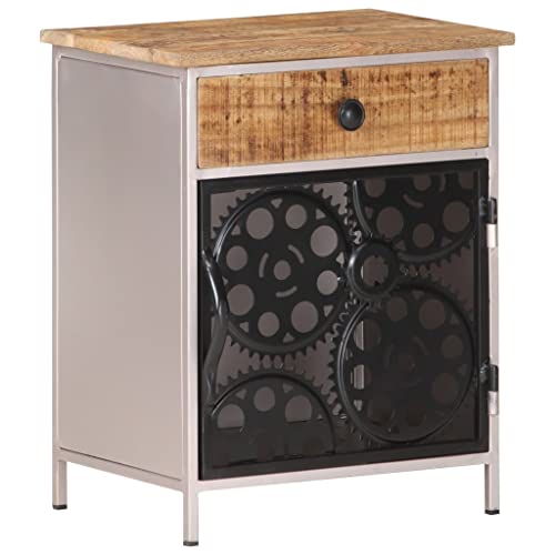 Industrial Bedside Cabinet, Rough Mango Wood with Natural Finish, Silver Iron Frame, 11.8x15.7x19.7 Inches, Storage Drawer & Door, Unique Bicycle Chain Wheel Design