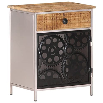Industrial Bedside Cabinet, Rough Mango Wood with Natural Finish, Silver Iron Frame, 11.8x15.7x19.7 Inches, Storage Drawer & Door, Unique Bicycle Chain Wheel Design