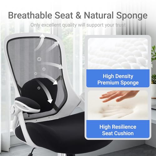 HYLONE 400lbs Heavy Duty Office Chair, 5" Thickened Seat Ergonomic Desk Chair with Adjustable Armrests, Home Office Computer Chairs for Long Hours Mesh Executive Chair(White Base&Black) - color: White Frame & Black, size: Thicken Cushion
