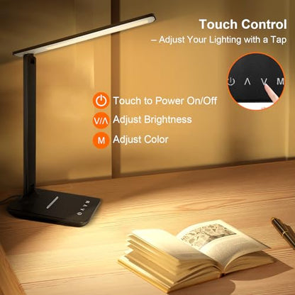 shinelife LED Desk Lamp for Office Home, Bright Desk Light with USB Charging Port, Adjustable Dimmable Desk Lamps 5 Modes 5 Brightness, Touch Study Lamp for Nail, Craft, Puzzle, Sewing, Study, Black - color: Black