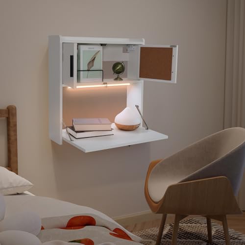 ARTETHYS Wall Mounted Desk Folding with Light Drop Down Hanging Desk | Multifunctional Fold Down Laptop Computer Table, Writing Workstation with Storage Compartments, Space Saving for Home Office - color: White With Light