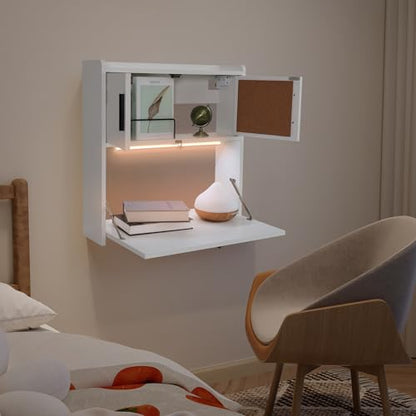 ARTETHYS Wall Mounted Desk Folding with Light Drop Down Hanging Desk | Multifunctional Fold Down Laptop Computer Table, Writing Workstation with Storage Compartments, Space Saving for Home Office - color: White With Light
