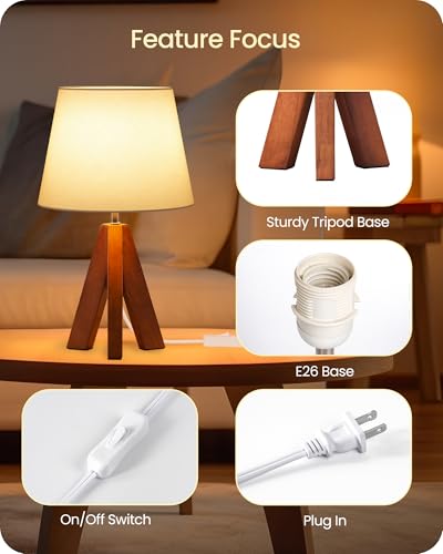 Small Tripod Table Lamps Set of 2, Modern Nightstand Lamp with Fabric Shade, Boho Bedside Wood Desk Light for Bedroom, Kids Room, Living Room, Office, Study, Dark Wood and White, LW51TLP205 - color: 2Pack White+Pearwood