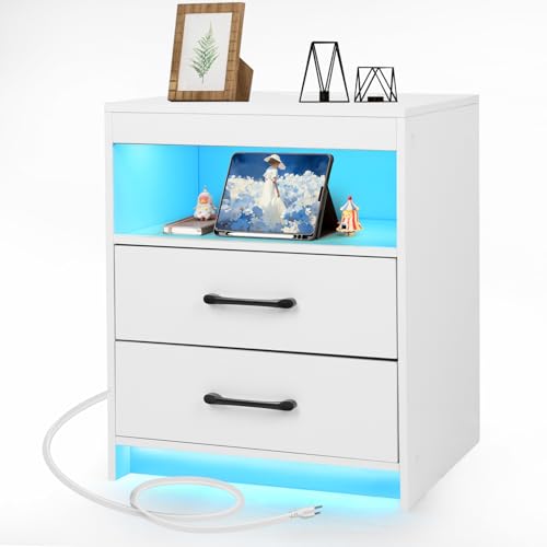 Night Stand with Charging Station and Ambient Light, LED Nightstand with USB-C Ports and Outlets, Morden Bedside Table with 2 Drawers and Open Compartment, End Table for Bedroom, White