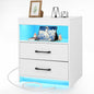 Night Stand with Charging Station and Ambient Light, LED Nightstand with USB-C Ports and Outlets, Morden Bedside Table with 2 Drawers and Open Compartment, End Table for Bedroom, White