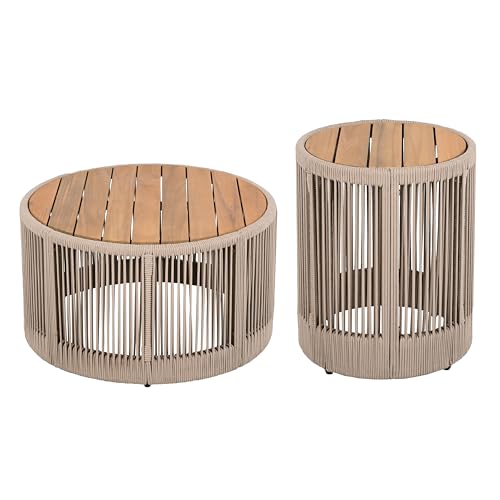 Christopher Knight Home Peyz Acacia Wood Outdoor Side Table Set of 2 with Woven Rope Design, Patio Round Coffee Table Set with Small Side Desk, Functionality Stylish 2 Tables for Garden, Teak + Beige