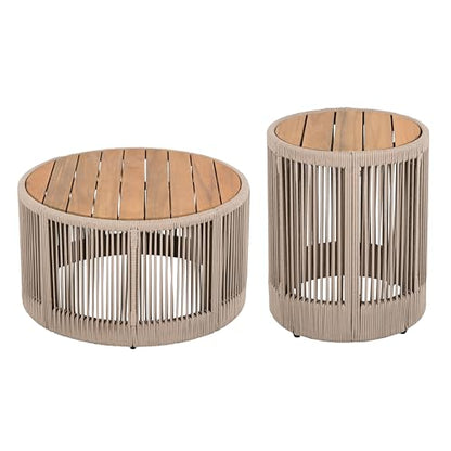 Christopher Knight Home Peyz Acacia Wood Outdoor Side Table Set of 2 with Woven Rope Design, Patio Round Coffee Table Set with Small Side Desk, Functionality Stylish 2 Tables for Garden, Teak + Beige