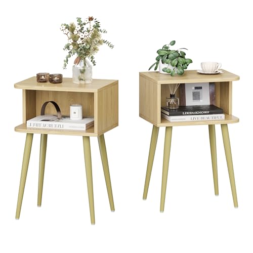 Natural Nightstand Set of 2, Small Bed Side Table for Small Spaces, Mid Century Modern Nightstand End Table with Open Storage, Side Table for Bedroom Living Room, MLBZ20Y-2 - color: Natural