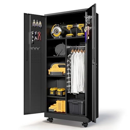 71'' Metal Garage Storage Cabinet with Wheels & Hanging Rod,Black Lockable Tool Cabinets with Pegboard & Adjustable Shelves,Heavy Duty Steel Tall Cabinets for Garage Warehouse Basement Broom - color: Black, style: 71"H 2 doors with Rod & wheels