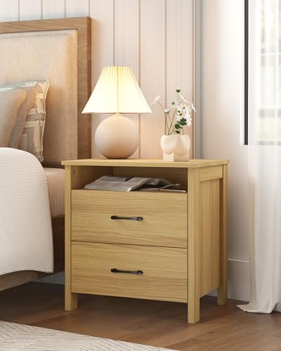 Farmhouse Nightstand with 2 Drawers, Rustic Wooden Nightstand with Bedside Table, Side End Table with Open Shelf for Bedroom, Natural - color: Natural, size: 1 Piece
