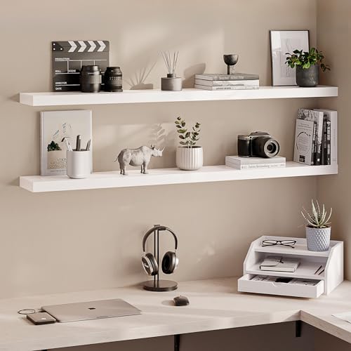 Ballucci Floating Shelves, 55" Wood Wall Shelf Set of 2, with Invisible Brackets for Bathroom, Living Room, Bedroom, Kitchen, Nursery, 6" Deep, White - color: White, size: 55.1 inches