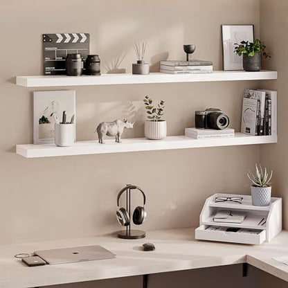 Ballucci Floating Shelves, 55" Wood Wall Shelf Set of 2, with Invisible Brackets for Bathroom, Living Room, Bedroom, Kitchen, Nursery, 6" Deep, White - color: White, size: 55.1 inches