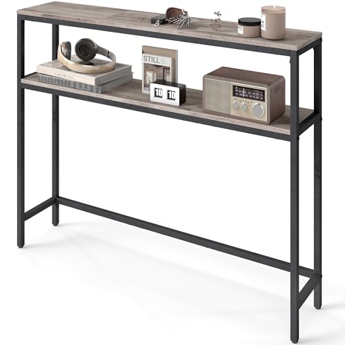VASAGLE Console Table, 2-Tier Narrow Sofa Table with 2 Shelves, 7.9 x 39.4 x 31.5 Inches, for Living Room, Hallway, Entryway, Heather Greige and Ink Black ULNT131K02V1 - color: Heather Greige + Ink Black, size: 39.4"W - Without Power Outlet