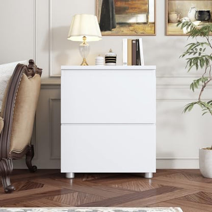 Modern Nightstand with 2 Drawers, Modern Handleless Bedside Table for Small Spaces, Compact Wood End Table for Bedroom, White 15.7" W x 11.6" D x 18.9" H