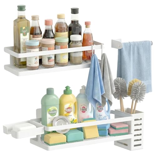 PUSDON 5-in-1 Shower Caddy & Kitchen Organizer Set, Wall Mount Wide Spice Rack with Paper Towel Holder, Utensil Holder, Soap Dish, Rustproof Mesh Baskets Hold 50LBS - White, Guardrail - color: White, size: 5-in-1 Minimalist (12.6" Wide)