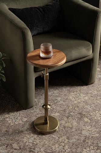 Kate and Laurel Engles Modern Adjustable-Height Pedestal Drink Table, 10 x 10 x 30, Walnut Brown and Brass, Mid-Century Round Indoor Metal Plant Stand with Solid Wood Tabletop