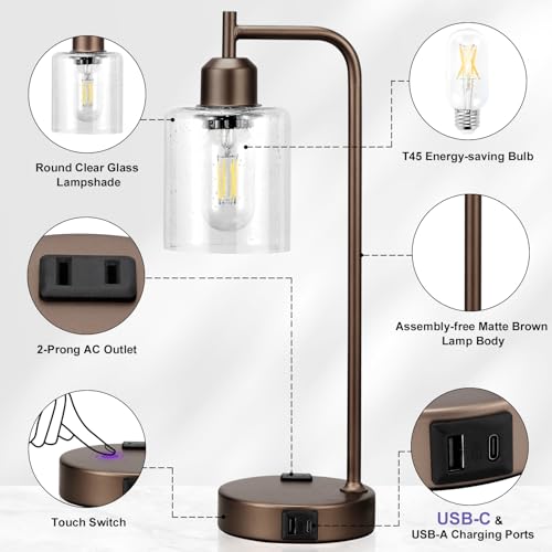 Innqoo Industrial Touch Table Lamps - 3-Way Dimmable Desk Lamps Set of 2 with USB C+A Ports and Outlet, Brown Bedside Lamps with Clear Glass Shade for Living & Bedrooms - color: H-Brown Base&Seeded Clear Glass
