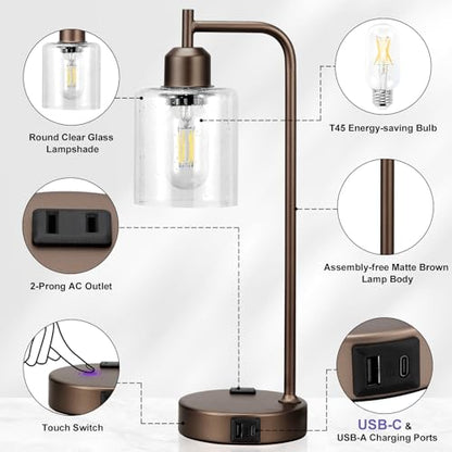 Innqoo Industrial Touch Table Lamps - 3-Way Dimmable Desk Lamps Set of 2 with USB C+A Ports and Outlet, Brown Bedside Lamps with Clear Glass Shade for Living & Bedrooms - color: H-Brown Base&Seeded Clear Glass