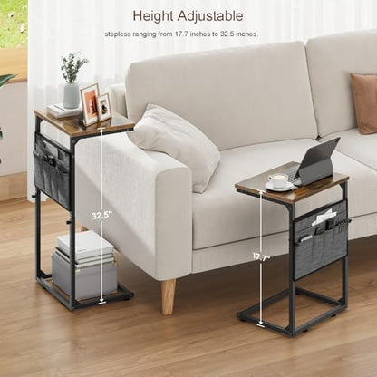 Vagusicc C Shaped End Table, Set of 2 Tall Side Table for Couch, Adjustable Height Small Couch Side Table for Small Spaces, End Table Slide Under Sofa Table TV Tray Arm Table for Living Room, Brown - color: Rustic Brown 2pc