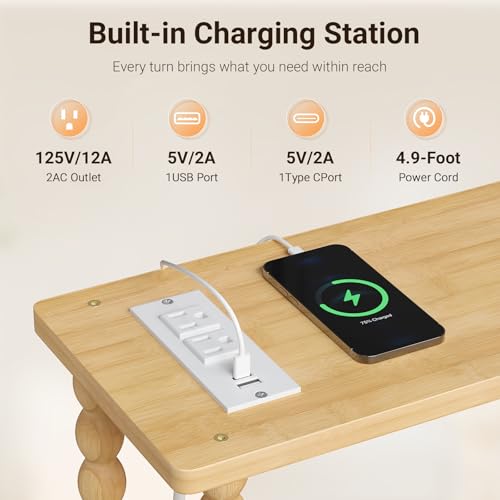 ELYKEN Narrow Side Table with Charging Station, 3-Tier Skinny Bedside Table | Small End Tables Living Room with USB Port and Outlet, Nightstands with Storage Shelf for Bedroom - color: Natural