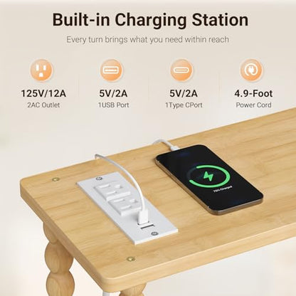 ELYKEN Narrow Side Table with Charging Station, 3-Tier Skinny Bedside Table | Small End Tables Living Room with USB Port and Outlet, Nightstands with Storage Shelf for Bedroom - color: Natural