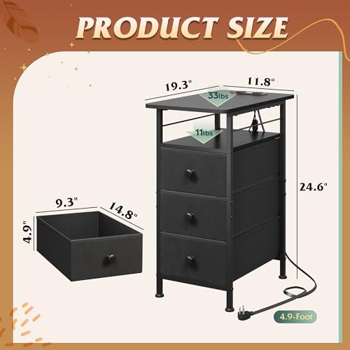 WLIVE Narrow Side Table with Charging Station, End Table with LED Lights,3 Fabric Drawers and Open Shelf, Bed Side Tables Living Room, Small Spaces, Bedroom, Black - color: Black, size: 3 Drawers