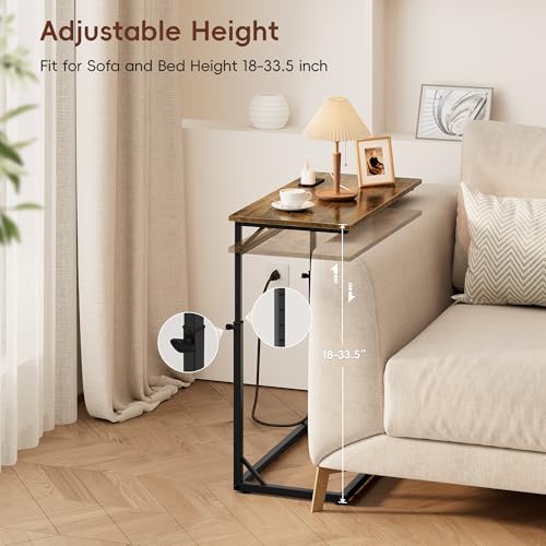 Vagusicc C Shaped End Table with Charging Station, Large C-Table End Table Adjustable Height Side Table for Couch, Couch Table Slide Under Sofa Table TV Tray Table for Sofa, Living Room, Bedroom,Brown - color: Rustic Brown, style: With Plug