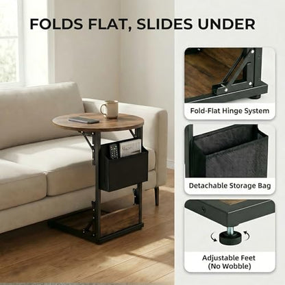 Foldable C Shaped End Table, 15.7" Couch Side Table with Storage Pocket, Slides Under Sofa