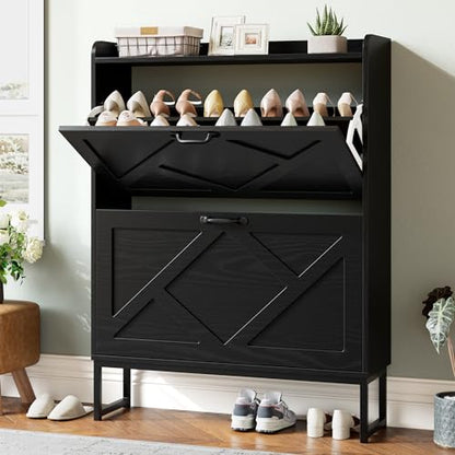 Nicetree Shoe Storage Cabinet with 2 Flip Drawers, Freestanding Shoe Organizer, Shoe Cabinet with Metal Legs, Narrow Shoe Rack Cabinet, Farmhouse Slim Shoe Cabinet for Entryway, Foyer, Hallway, Black - color: Black