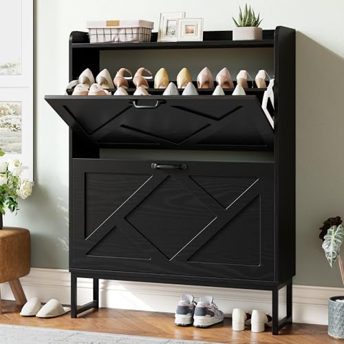 Nicetree Shoe Storage Cabinet with 2 Flip Drawers, Freestanding Shoe Organizer, Shoe Cabinet with Metal Legs, Narrow Shoe Rack Cabinet, Farmhouse Slim Shoe Cabinet for Entryway, Foyer, Hallway, Black - color: Black