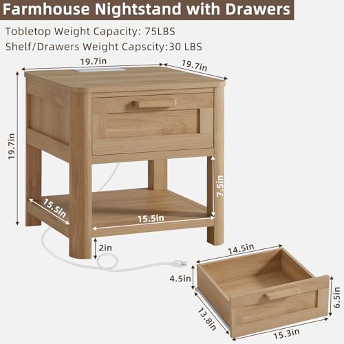 Joaxswe Farmhouse Side Table Set of 2 Living Room, Small Night Stand with 1 Drawers & Open Shelving & 4 Thickened Table Legs, Natural Wood - color: Natural, size: Set of 2
