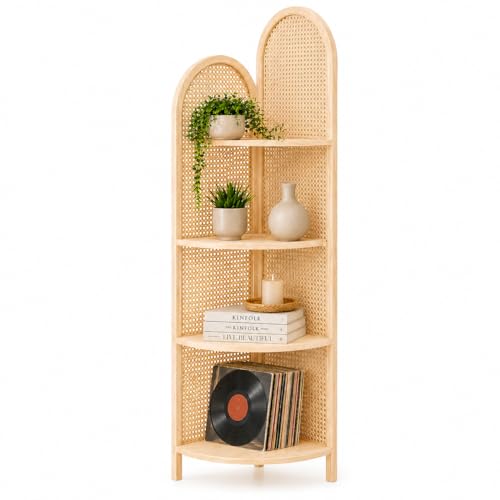70" Arched Rattan Corner Shelf, 4-Tier 90° Corner Design, Natural | Rattan Display Stand, 4-Tier Corner Storage Rack with Pine Frame for Living Room, Office, Small Spaces, Smooth Rounded Edges - color: Natural New