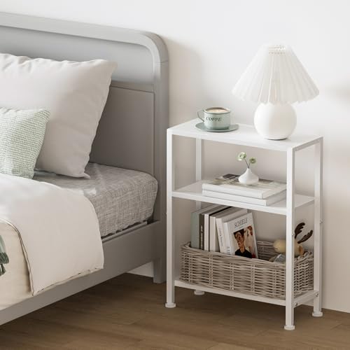 Narrow Side Table Set of 2 for Small Space, 2-Tier Small End Table with Shelf Holder, Slim Nightstand, Skinny Snack Couch Table in Living Room, Bedroom, Study, Kitchen and Balcony (White) - color: White