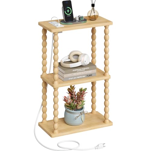 ELYKEN Narrow Side Table with Charging Station, 3-Tier Skinny Bedside Table | Small End Tables Living Room with USB Port and Outlet, Nightstands with Storage Shelf for Bedroom - color: Natural