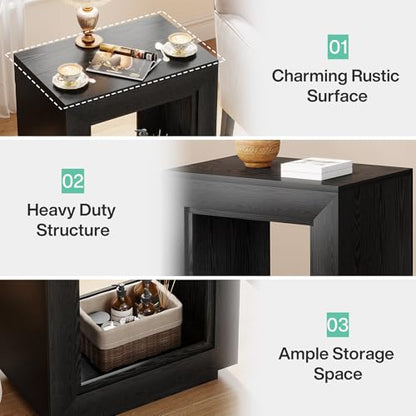 Tribesigns Rustic Wood End Table, 2 Tiered Square Side Table with Storage Shelf, Industrial Sofa Side Table for Living Room, Entrance (Rustic Brown) (1) (1, Black) - color: Black