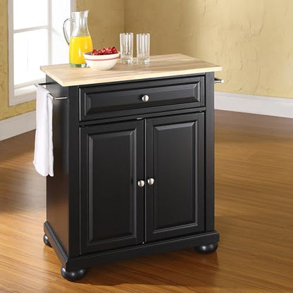 Crosley Furniture Alexandria Wood Top Small Portable Rolling Kitchen Island Storage Cart, Microwave Stand, Black - color: Black, style: Natural Wood Top