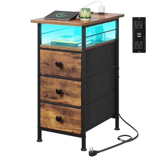 WLIVE Night Stand with Charging Station, End Table with 3 Fabric Drawers | LED Lights & Open Storage Shelf; Small Narrow Bedside Table for Living Room & Bedroom - color: Rustic Brown, size: 3 Drawers