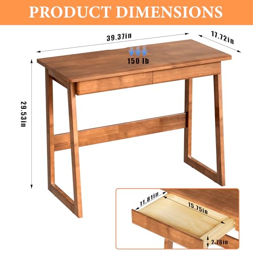100% Solid Wood Writing Desk - Mid Century Modern Desk, Home Office Desks with Drawers, Walnut Vintage Desks, Laptop Computer Work Study Table for Bedroom, Living Room & Office