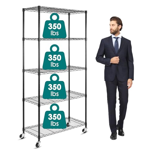 WDT 5-Shelf Shelving Units on Wheels Casters, Adjustable Heavy Duty Metal Shelf Wire Storage Rack for Home Office Garage Kitchen Bathroom Organization(16”Wx36”Dx75”H), Black - size: 5Tier 36"W x 16"D x 75"H