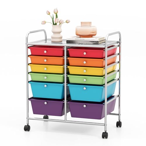 COSTWAY 12-Drawer Rolling Storage Cart, Moveable Art Craft Organizer | Lockable Wheels, Metal Shelf, Files Arrangement Tools Makeup Storage Cart for Office, Home, School (Multi-Color) - color: Multicolor, size: 12 Drawer