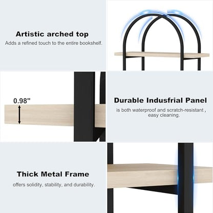 Yusong Bookshelf 5 Tier Arched Bookcase, 74" Tall Industrial Open Book Shelves for Living Room, Modern Freestanding Display Shelving Storage Rack with Metal Frame, Office, Bedroom, Natural Wood Color
