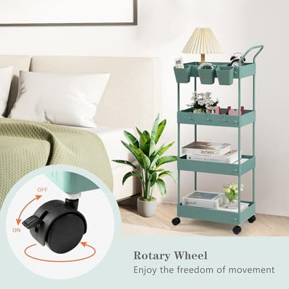 danpinera Slim Storage Cart on Wheels, 4 Tier Narrow Laundry Cart with Hooks Hanging Cups Dividers Mobile Rolling Lash Cart with Handle for Bathroom Small Spaces, Green - style: 4 Tier Green
