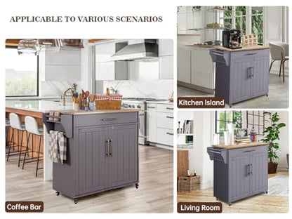 Kitchen Island, Island Table for Kitchen, Wooden Rolling Kitchen Island On Wheels with Countertop, Mobile Kitchen Island Cart with Towel Rack, Spice Rack and Drawers, Grey - color: Grey