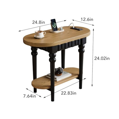 Oval End Table with Charging Station, 2-Tier Natural Wood Side Table with USB Ports & Power Outlets, for Living Room, Sofa, or Nightstand in Bedroom