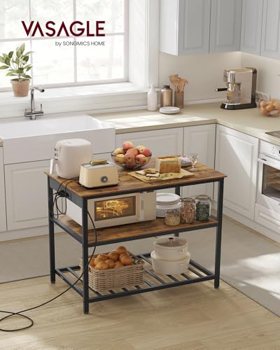 VASAGLE Kitchen Island with 3 Shelves, 39.4 Inches Width Kitchen Shelf with Power Strip, Large Worktop, Stable Steel Structure, Industrial, Easy to Assemble, Rustic Brown and Black UKKI105K01 - color: Rustic Brown + Black, size: 39.4"W x 34.9"H, style: wi