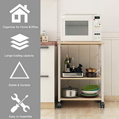 DlandHome Standing Baker's Racks Appliance Table Small Rolling Kitchen Cart Microwave Cart Stand, 3-Tier Kitchen Baker's Rack Utility Cart Microwave Stand Kitchen Shelf, W4-Maple