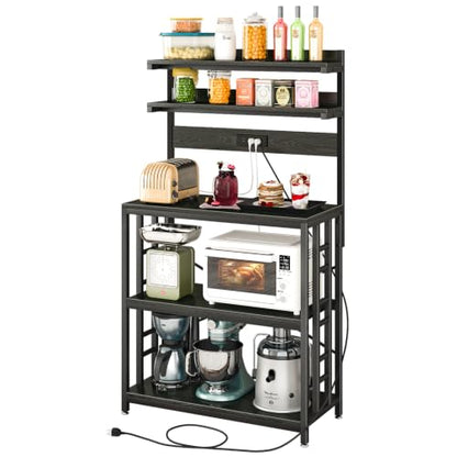 METYERRY Adjustable Bakers Rack with Power Outlet,Coffee Bar Station with Led Lights,Microwave Stand with Storage,5-Tier Kitchen Shelf,Kitchen Storage Rack for Spices, Pots and Pans,Black - color: Black
