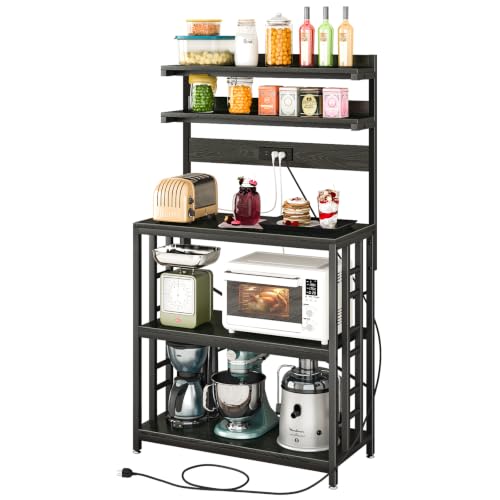 METYERRY Adjustable Bakers Rack with Power Outlet,Coffee Bar Station with Led Lights,Microwave Stand with Storage,5-Tier Kitchen Shelf,Kitchen Storage Rack for Spices, Pots and Pans,Black - color: Black