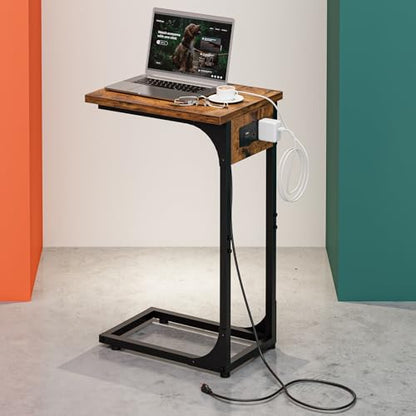 C-Shaped Side Table for Couch - Small Coffee Stand Sofa Tray Desk with Metal Frame Waterproof Scratch Resistant Wood Top and Built-in Charging Station, Rustic Brown - color: Rustic Brown, size: 1-Pack, style: Includes Power Outlets