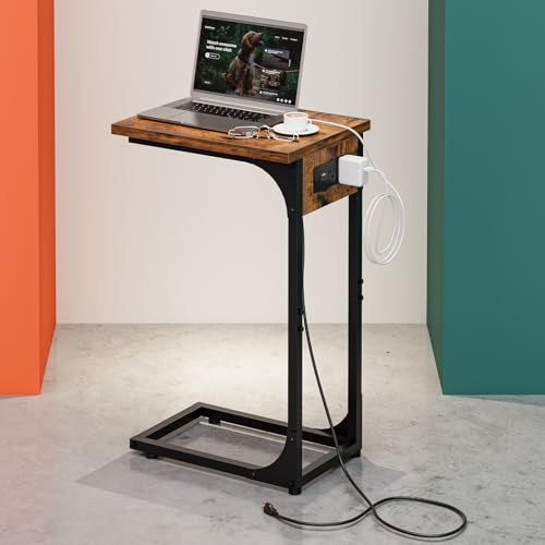 C-Shaped Side Table for Couch - Small Coffee Stand Sofa Tray Desk with Metal Frame Waterproof Scratch Resistant Wood Top and Built-in Charging Station, Rustic Brown - color: Rustic Brown, size: 1-Pack, style: Includes Power Outlets
